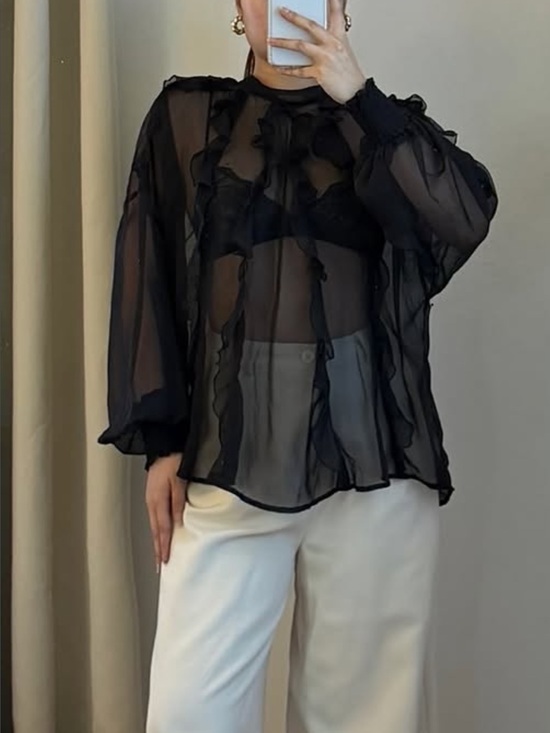 Zara Tops - Zara NWT black ruffle long sleeve sheer mesh blouse
